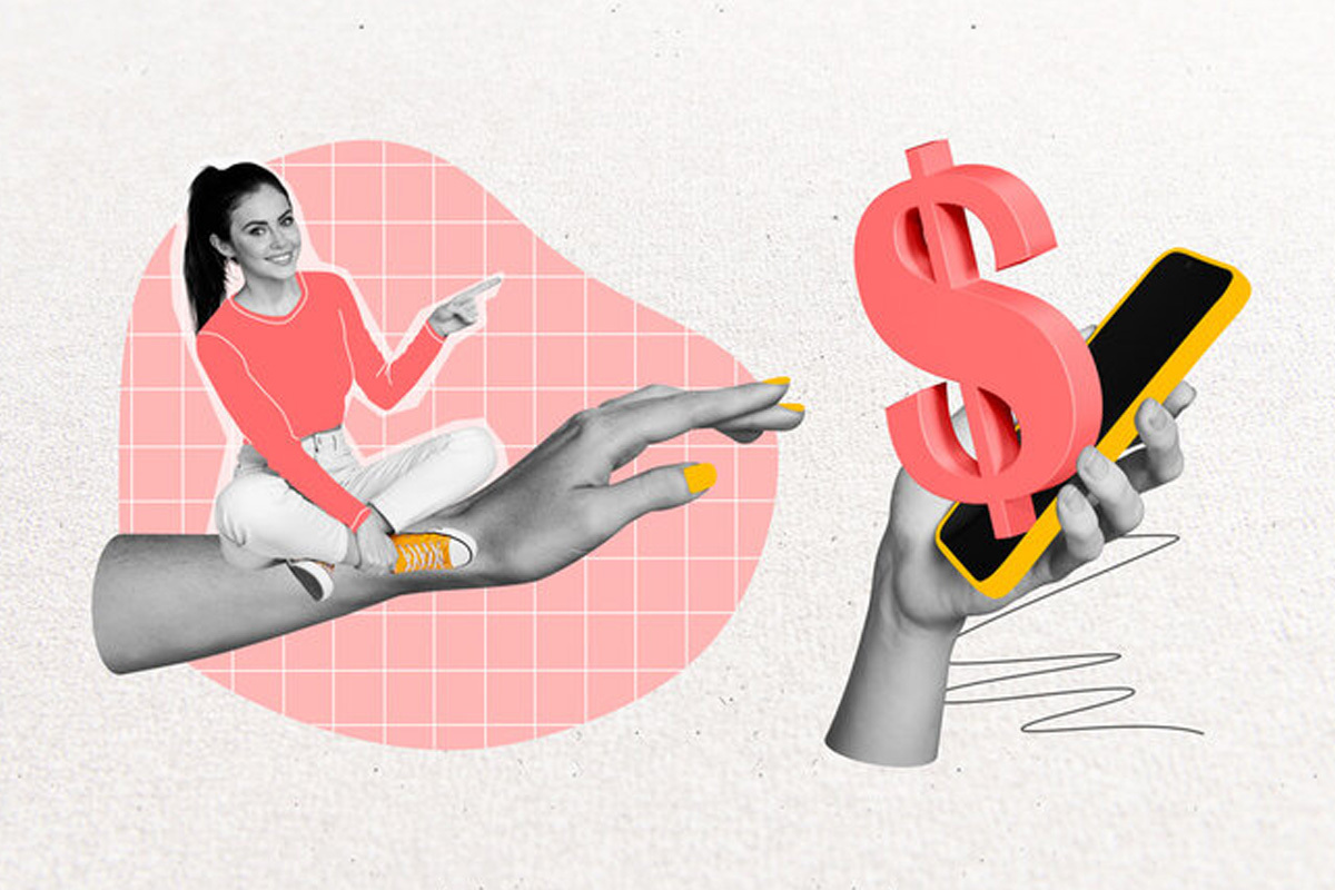 Creative collage showing woman pointing to large dollar sign and smartphone, symbolizing commission earning potential with Bon Vida Travel