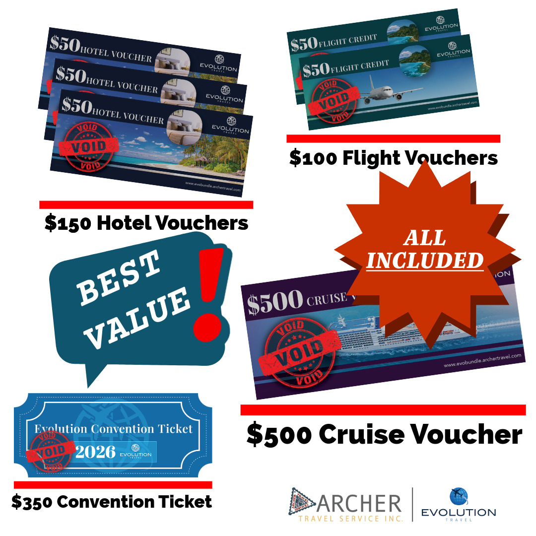 EVO Bundle travel vouchers including hotel, flight, cruise, and convention ticket rewards for new Evolution Travel agents