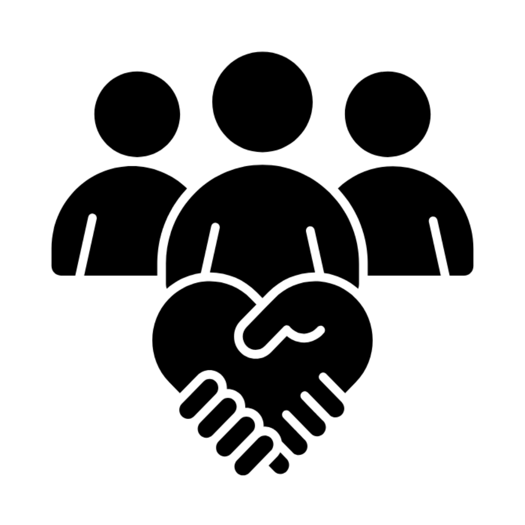 Icon of three people with shaking hands, representing a supportive travel agent community